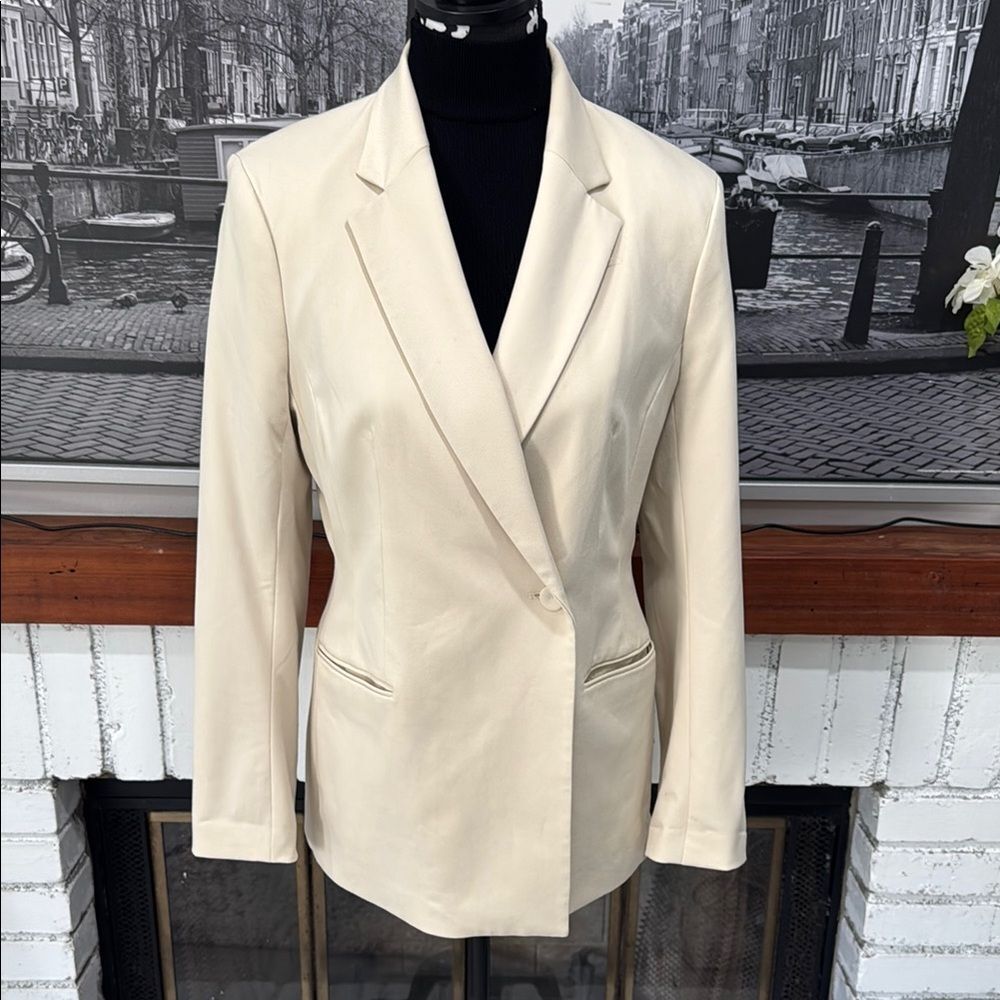H&M Women Blazer Jacket Beige Ivory Cream Medium Stretch Oversized Casual Office